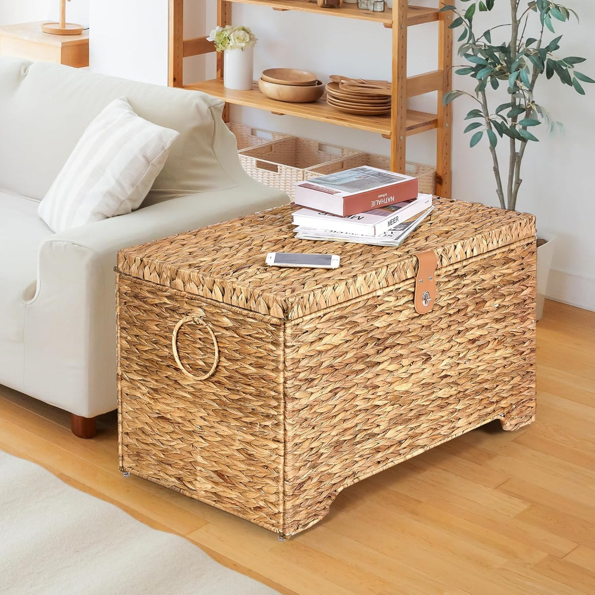 Handwoven Storage Basket with Lid, 165L Wicker Storage Bin, Natural Water Hyacinth, Leather Buckle