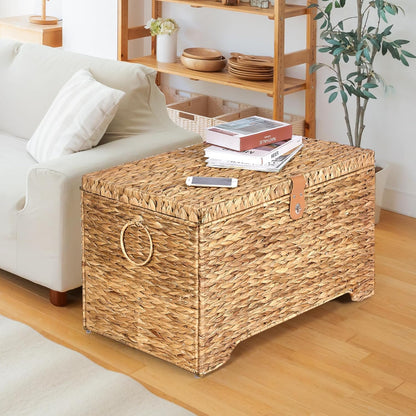 Handwoven Storage Basket with Lid, 165L Wicker Storage Bin, Natural Water Hyacinth, Leather Buckle