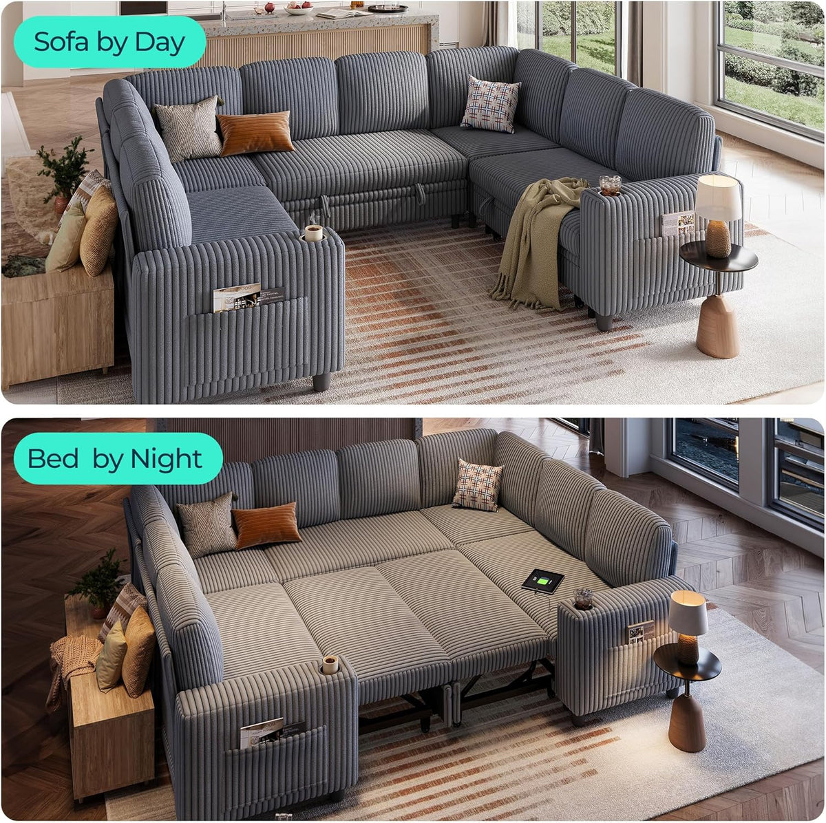 LINSY HOME Sectional Sleeper Sofa with Pull Out Couch Bed - Convertible Plush Corduroy Cloud Couch