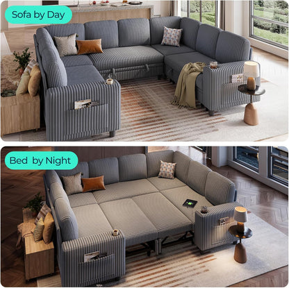 LINSY HOME Sectional Sleeper Sofa with Pull Out Couch Bed - Convertible Plush Corduroy Cloud Couch