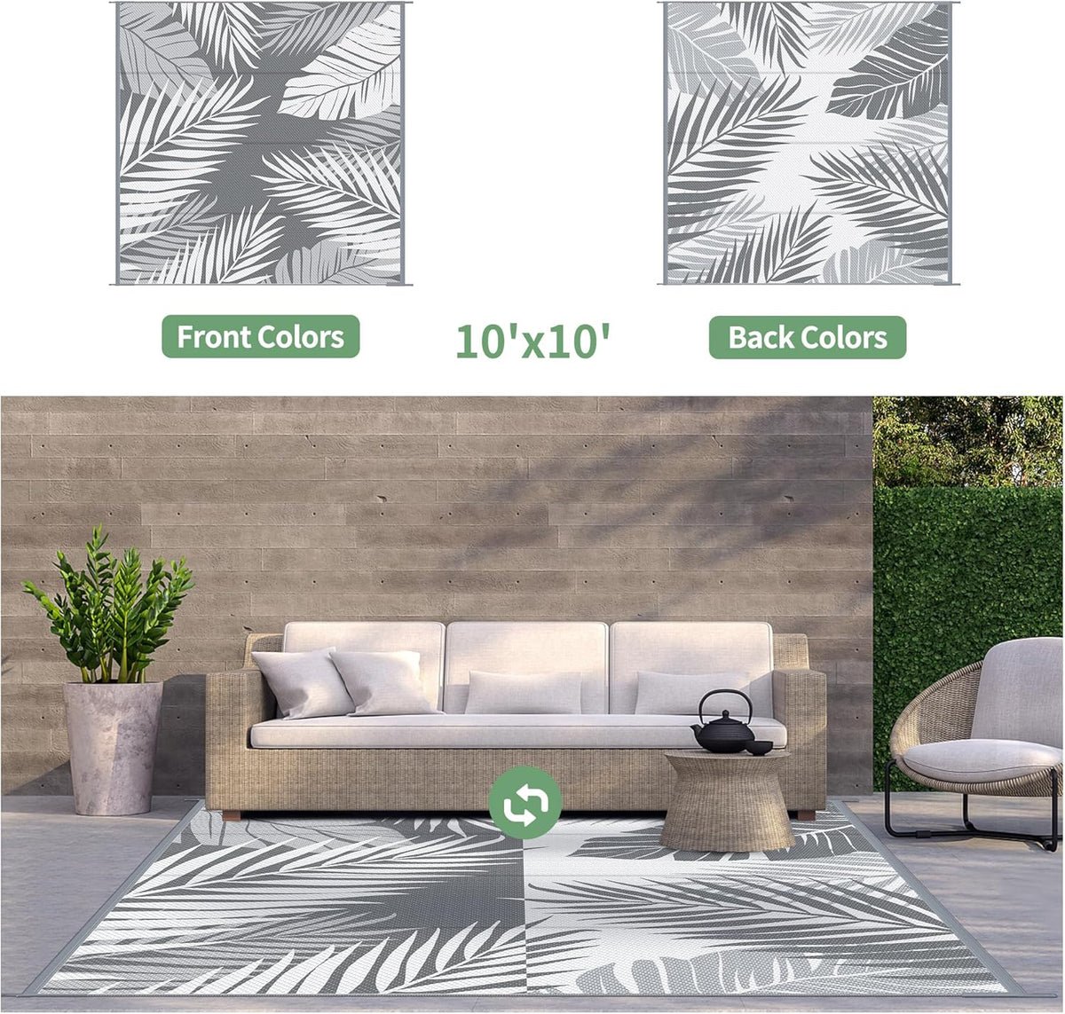 GENIMO Outdoor Rug 10' x 10' Waterproof for Patios Clearance, Reversible Outdoor Plastic Straw