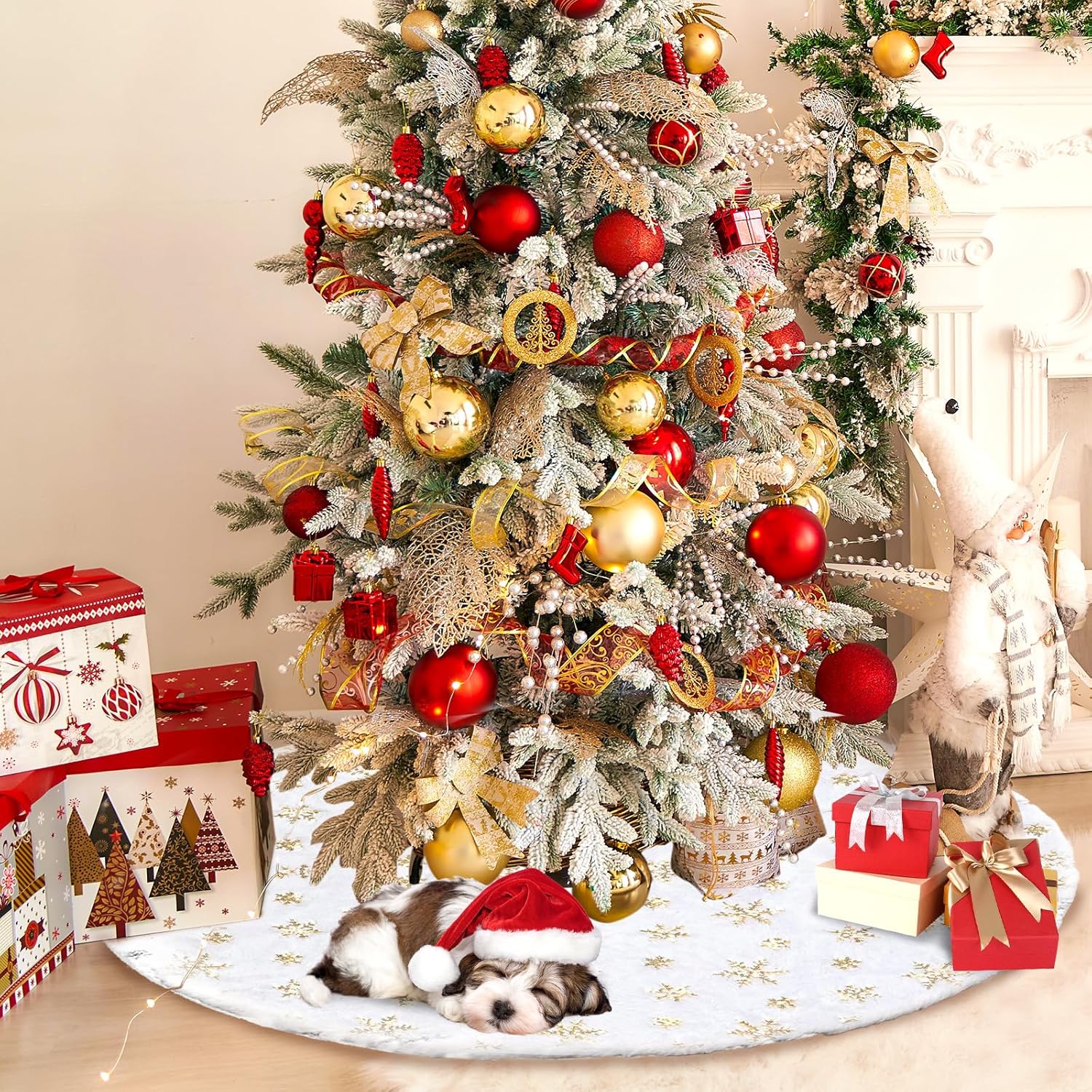 Christmas Tree Skirt 48Inch, Holiday Part Decorations for Christmas Tree, Whit Plush Glod Sequin