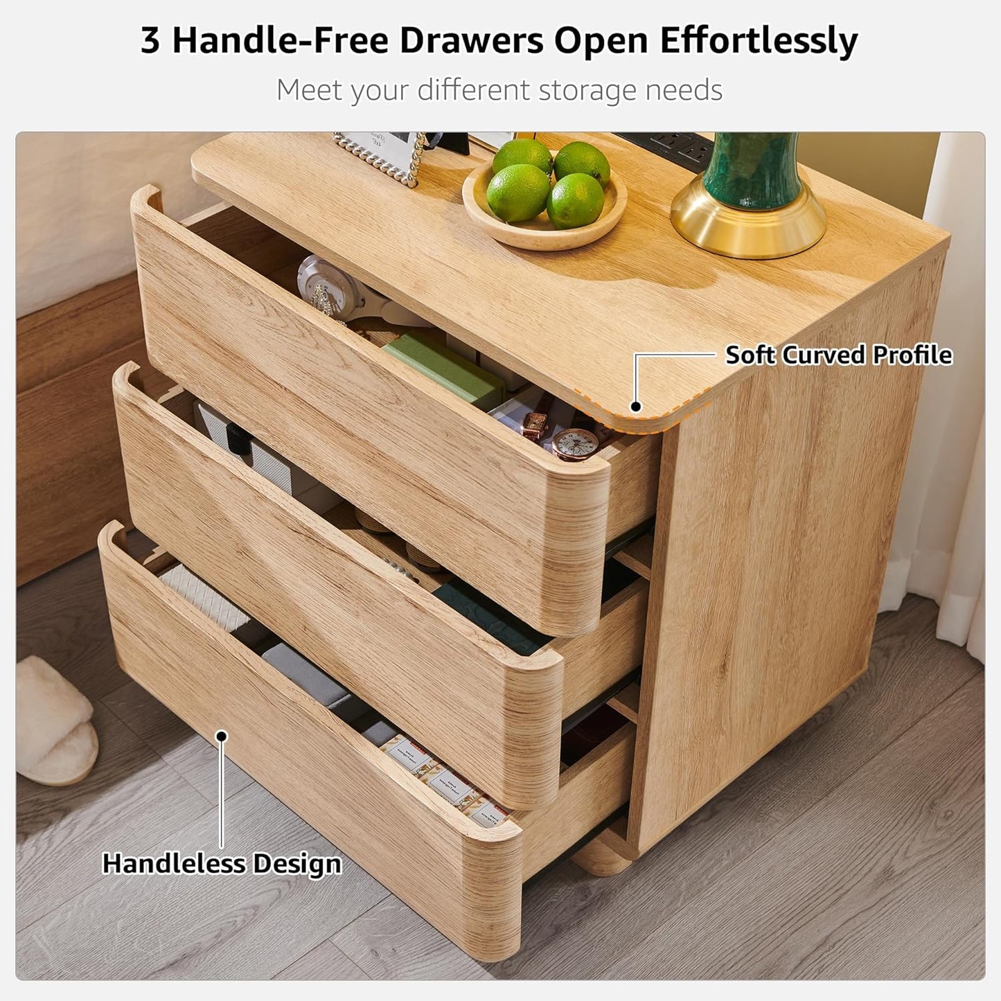 JXQTLINGMU 22" Modern Nightstand with Charging Station, Large Push-to-Open End Table, Wood Bedside
