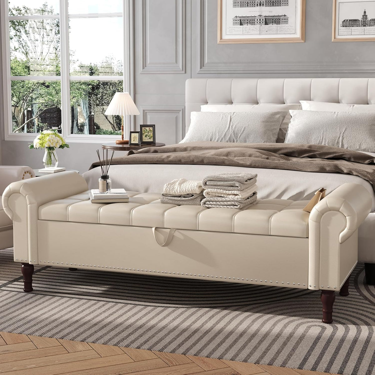Apicizon 60”Storage Ottoman Bench, Soft Faux Leather Indoor Bench with Rolled Arm and Vintage