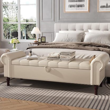 Apicizon 60”Storage Ottoman Bench, Soft Faux Leather Indoor Bench with Rolled Arm and Vintage