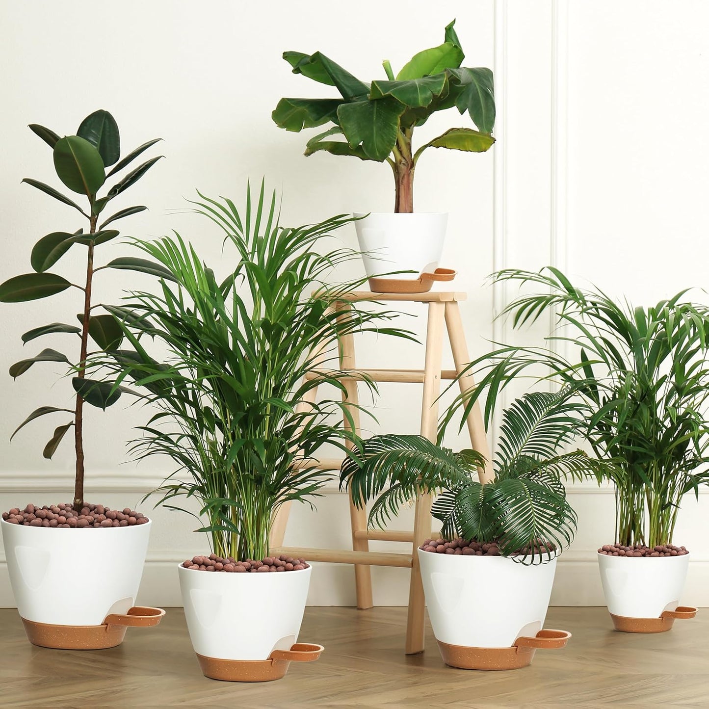 Uneed Indoor Self Watering Planters with Drainage Holes and Saucers, 7/6.5/6/5.5/5 Inch-5 Pots,for