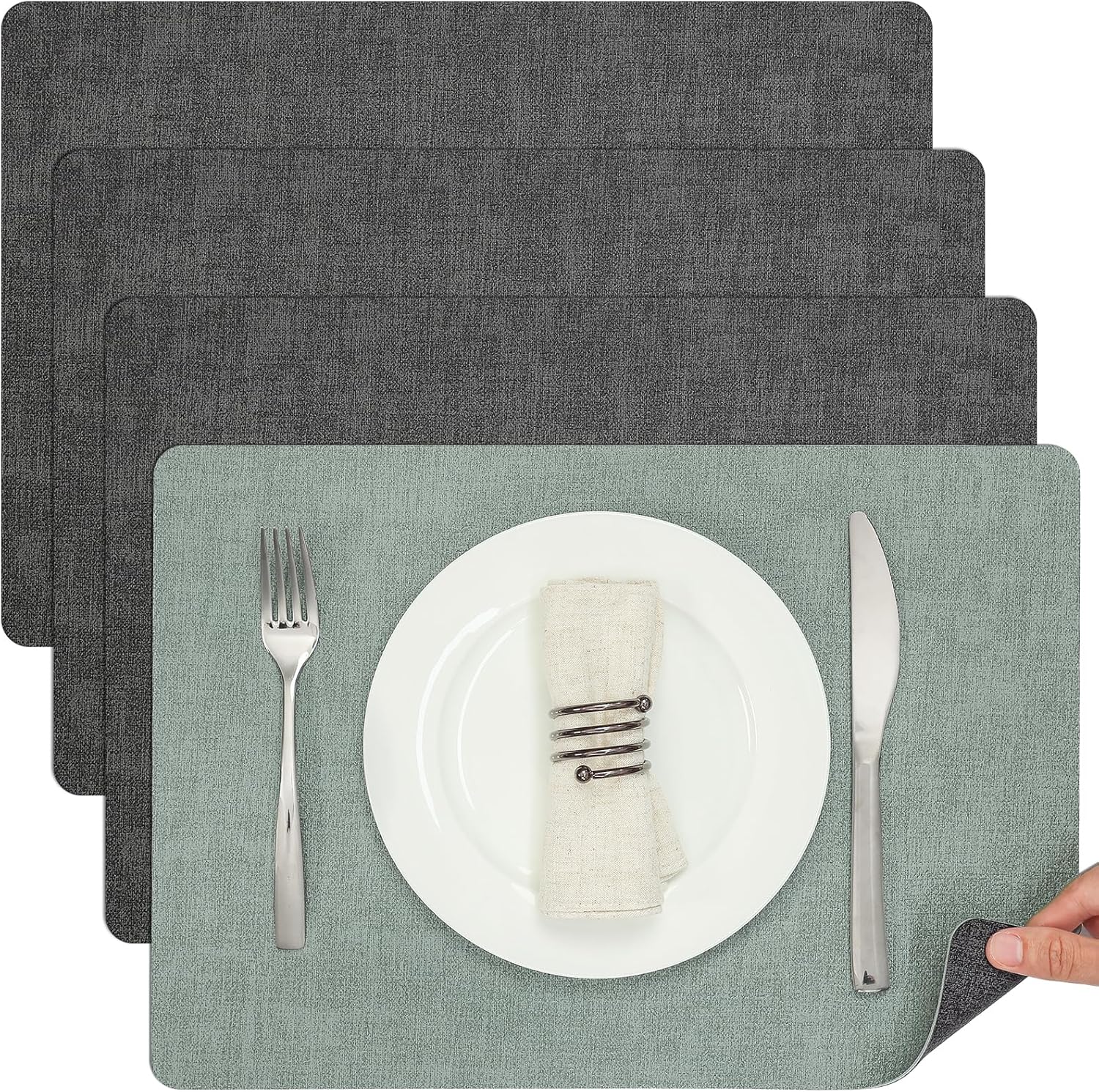 Myir JUN Dual Sided Faux Leather Placemats Set of 4 for Indoor Outdoor Dining Tables, Square