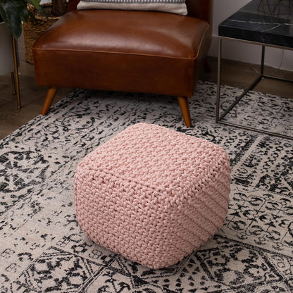 BIRDROCK HOME Square Pouf Ottoman | Cotton Braided Foot Stool with Bean Bag Filling | Boho Foot