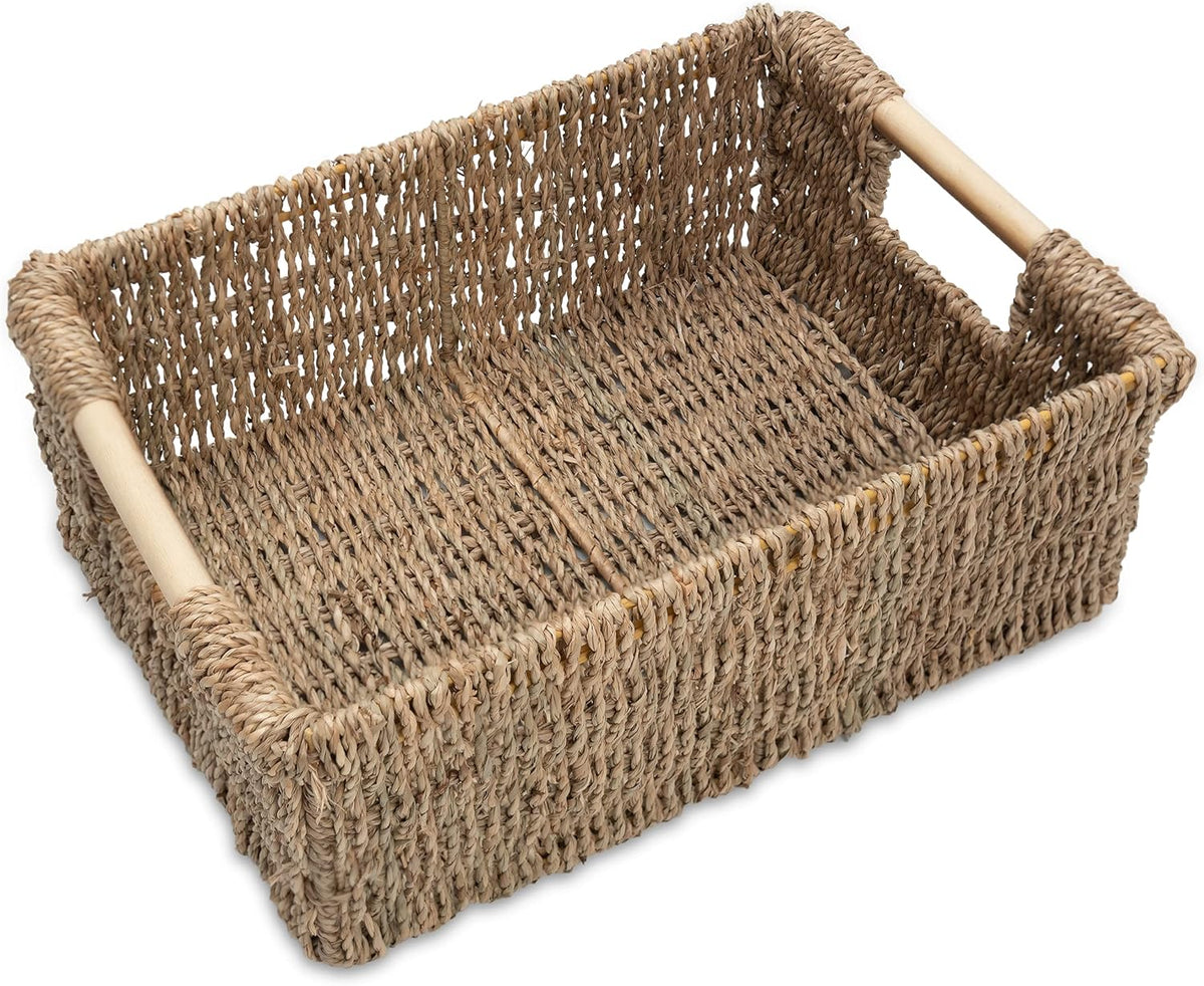 Natural Seagrass Storage Basket with Handle, Rectangular Woven Organizer Bin for Living Room or