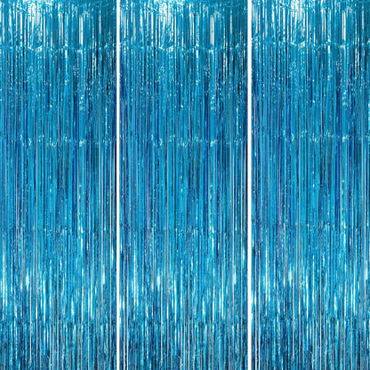 3 Pack 3.3 x 8.2 ft Retro Blue Foil Fringe Backdrop Curtains, Tinsel Streamers Party Decorations
