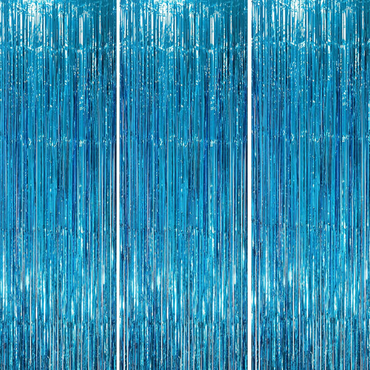 3 Pack 3.3 x 8.2 ft Retro Blue Foil Fringe Backdrop Curtains, Tinsel Streamers Party Decorations