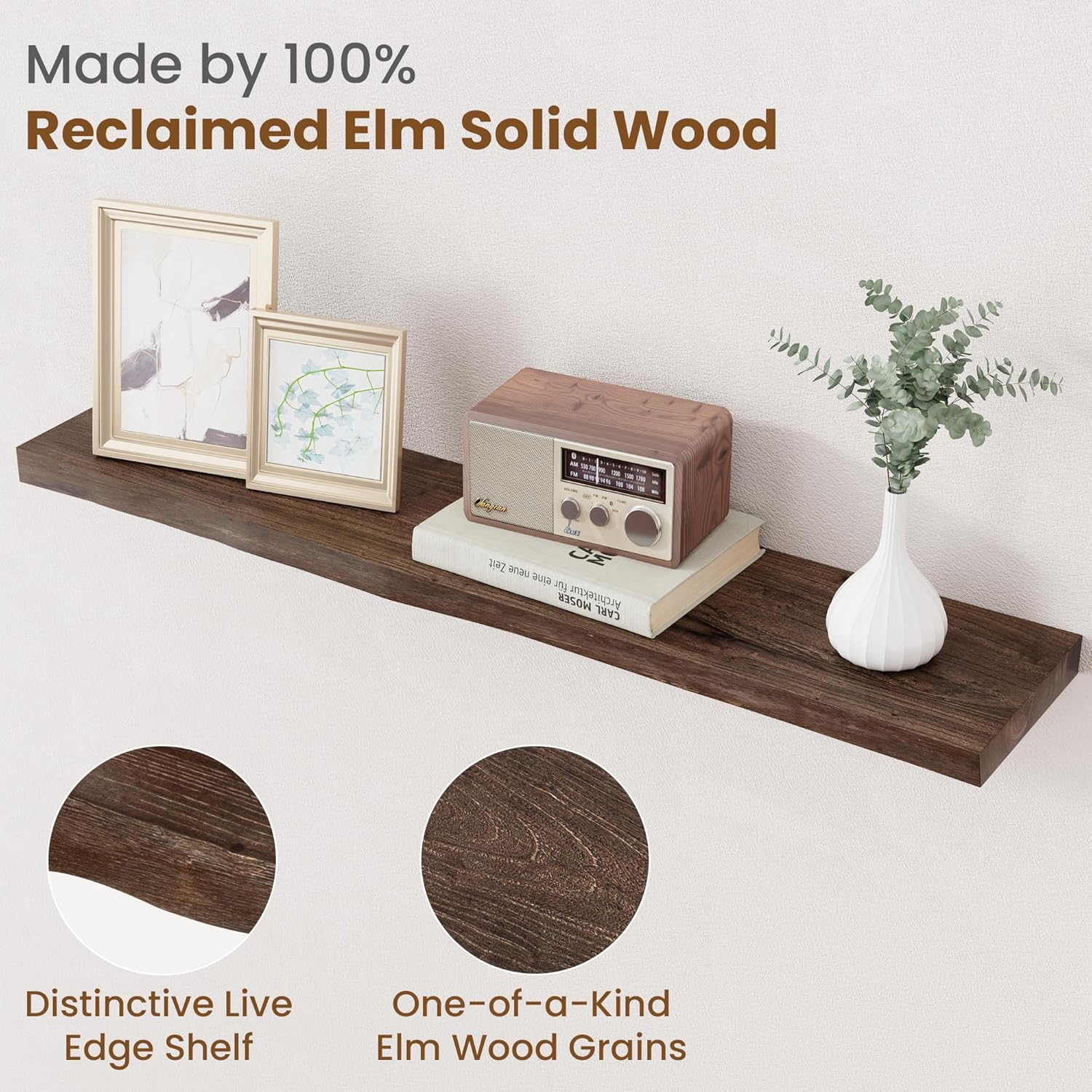 Floating Shelves for Wall Decor, Rustic Solid Elm Wood Live Edge Floating Shelves Wall Mounted