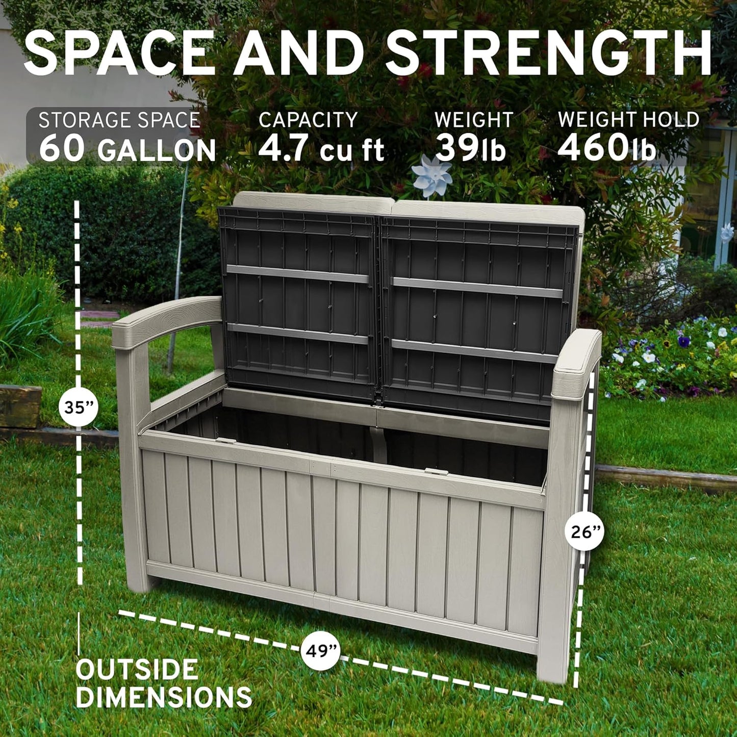 EconoHome 2 Seat Outdoor Storage Bench with Rain Cover - 60 Gallon Capacity - Weatherproof Resin
