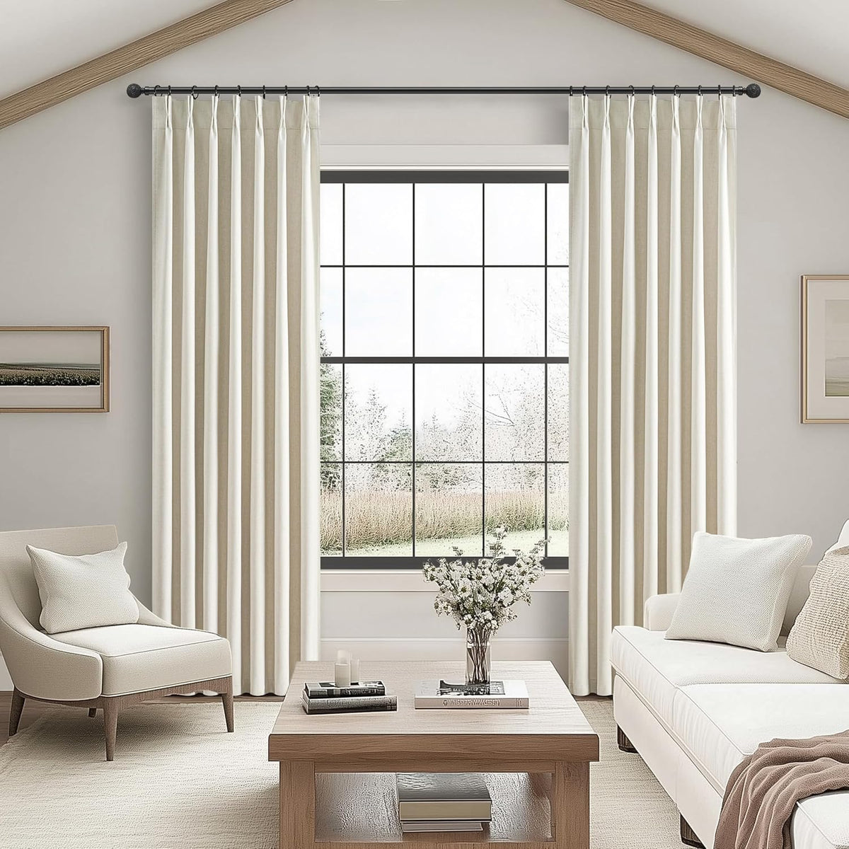 Pinch Pleat Cream Linen 102 Inch Long Curtains for Dining Room 2 Panels Set, Neutral Blackout Viral