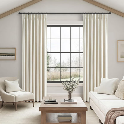 Pinch Pleat Cream Linen 100 Inch Long Tall Curtains for Dining Room 2 Panels Set, Neutral Blackout