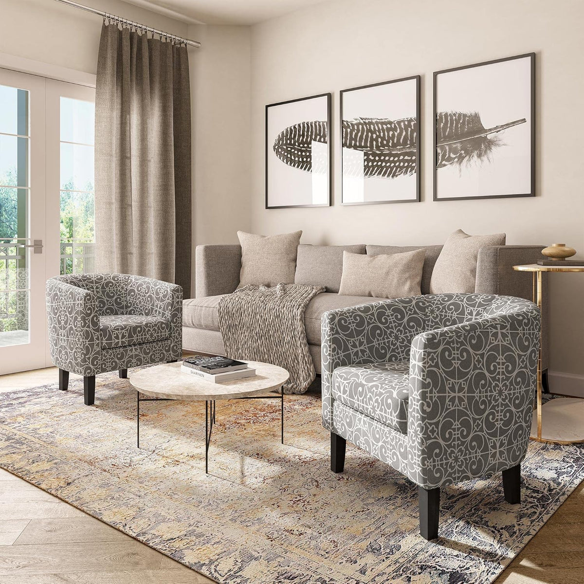 BELLEZE Accent Barrel Chair, Linen Round Chair Club Tub Sofa Corner Chair with Flared Legs and Cozy