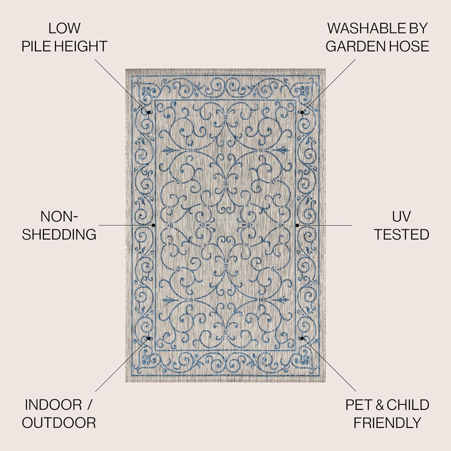 JONATHAN Y Vintage Filigree Indoor Outdoor Round Area Rug 9 Ft Gray/Navy, Charleston Textured Weave