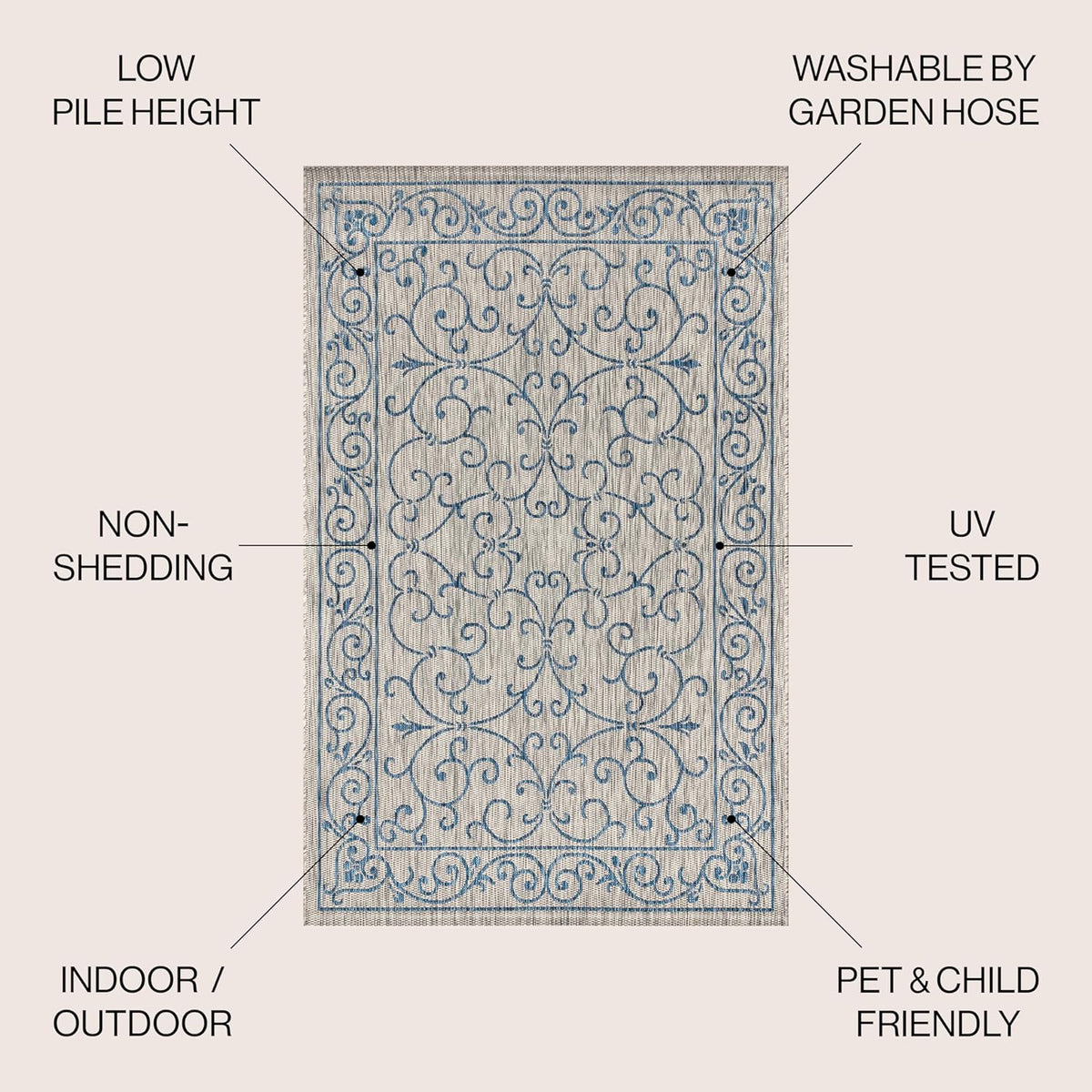 JONATHAN Y Vintage Filigree Indoor Outdoor Round Area Rug 8 Ft Gray/Navy, Charleston Textured Weave