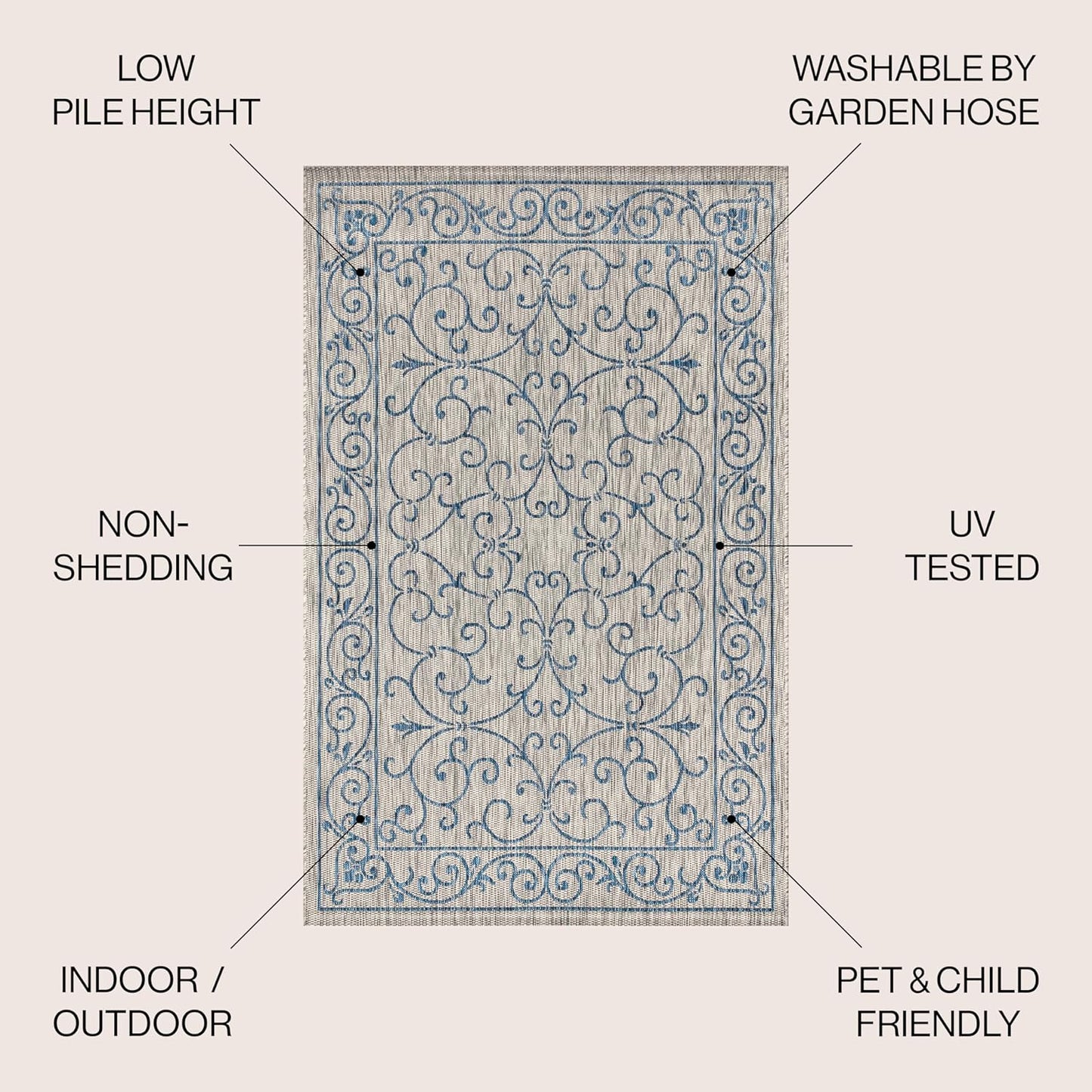 JONATHAN Y Vintage Filigree Indoor Outdoor Square Area Rug 6X6 Gray/Navy, Charleston Textured Weave