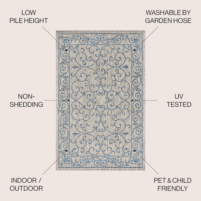 JONATHAN Y Vintage Filigree Indoor Outdoor Square Area Rug 6X6 Gray/Navy, Charleston Textured Weave