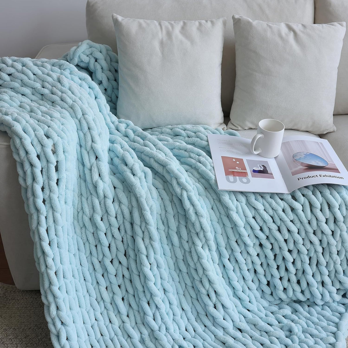Maetoow Chenille Chunky Knit Blanket Throw （60×80 Inch）, Handmade Warm & Cozy Blanket Couch, Bed