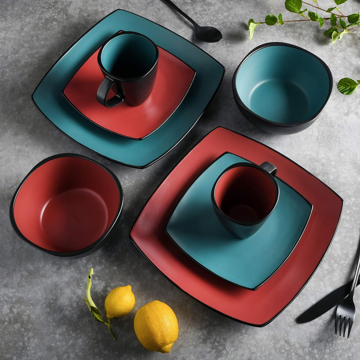 Gibson Elite Soho Lounge Square Reactive Glaze Stoneware Dinnerware Set, Service for 4 (16pc)
