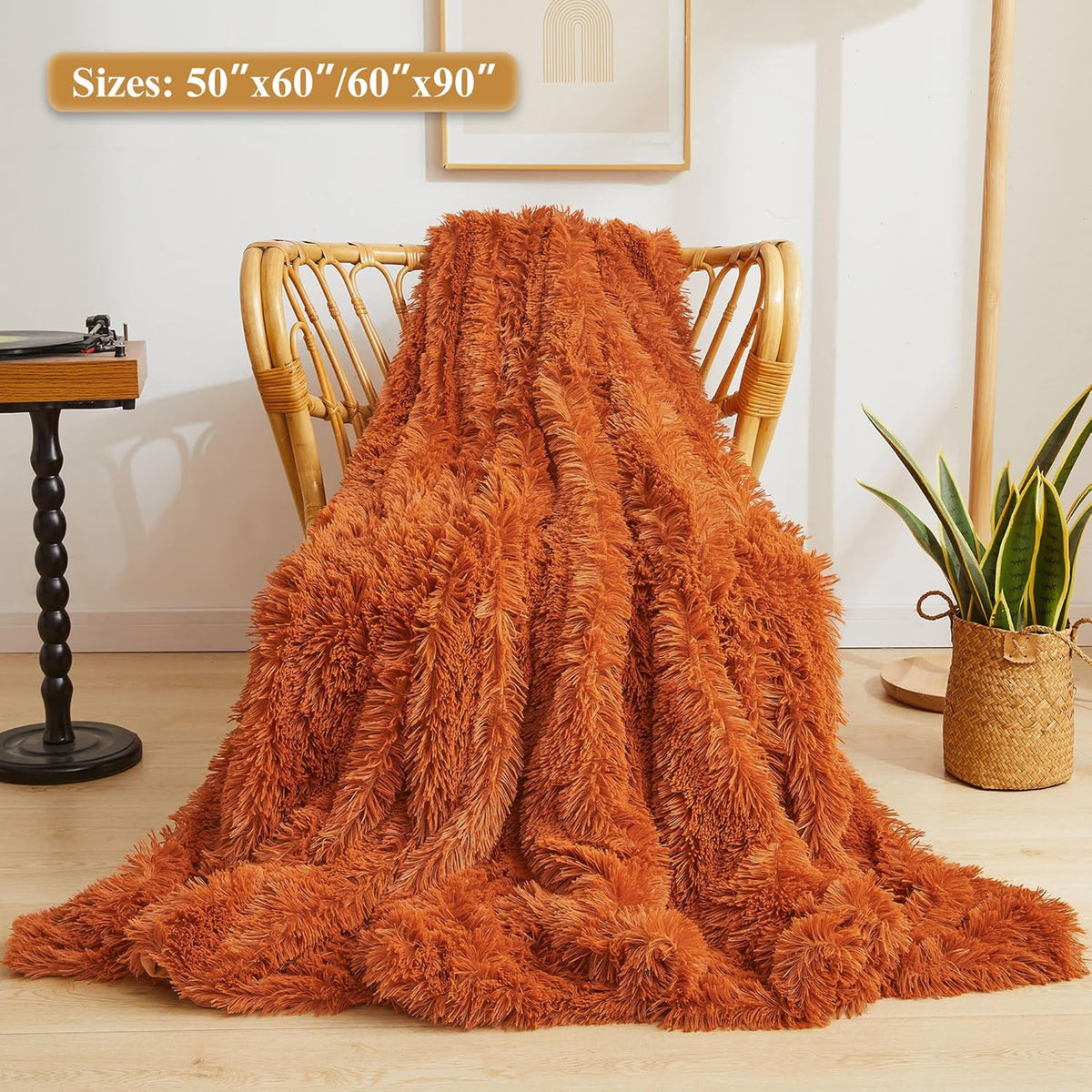 XeGe Luxury Faux Fur Blanket, Burnt Orange Soft Fluffy Bed Throw, Shaggy Plush Big Decorative Couch
