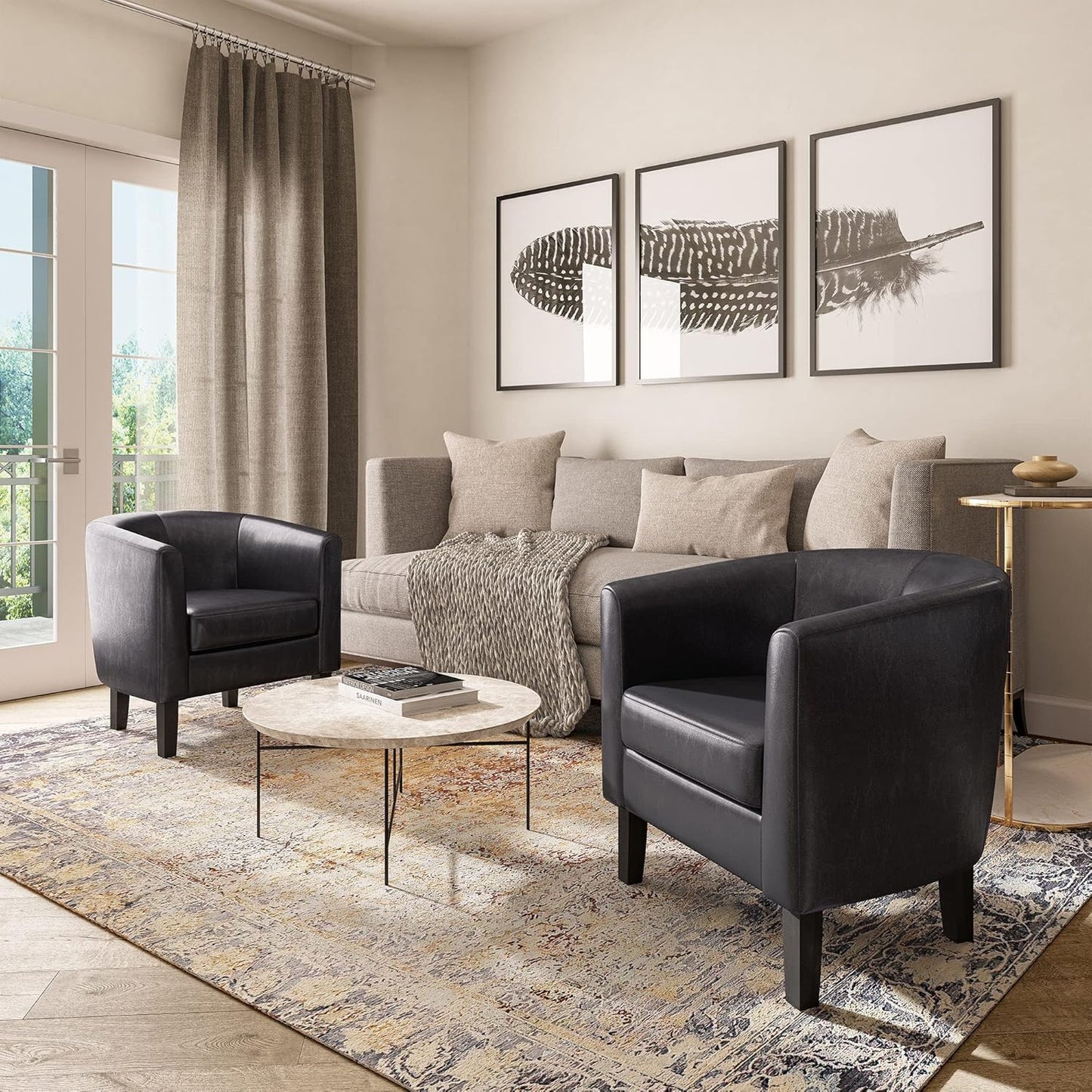 BELLEZE Accent Barrel Chair, Set of 2 Faux Leather Round Club Tub Sofa Corner Chair with Flared