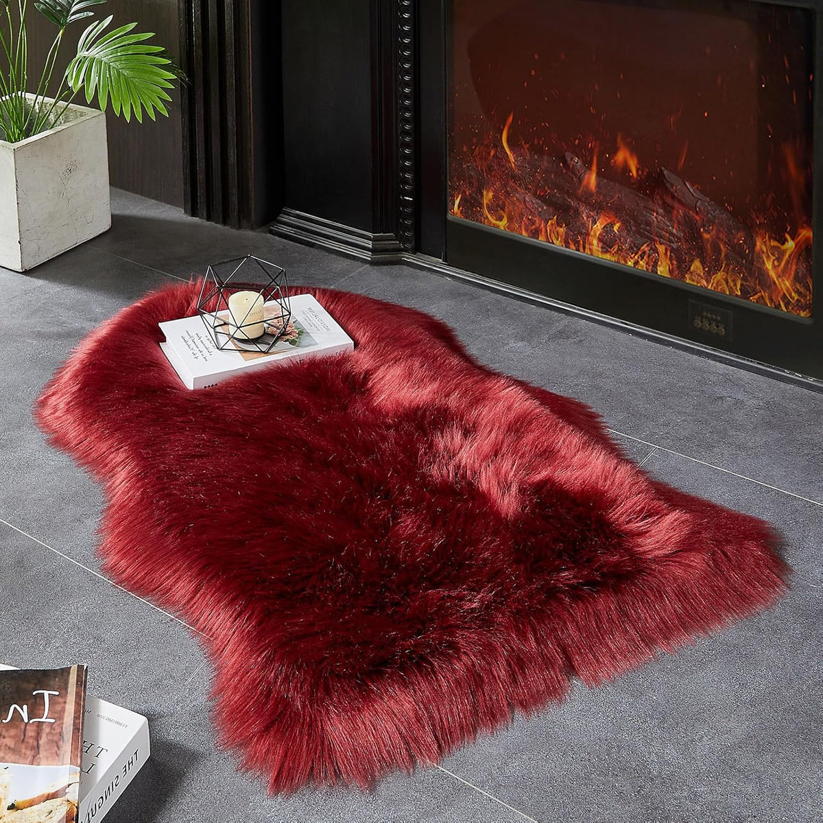 AMTOVO Faux Fur Rug, Burgundy Small Area Rug, Fluffy Sheepskin Rug, Fuzzy Ultra Soft 2 x 3 ft Shag