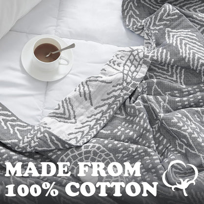 jinchan Boho 100% Cotton Muslin Blanket 3-Layer Queen Size 80x90 Inches Geometric Grey Lightweight