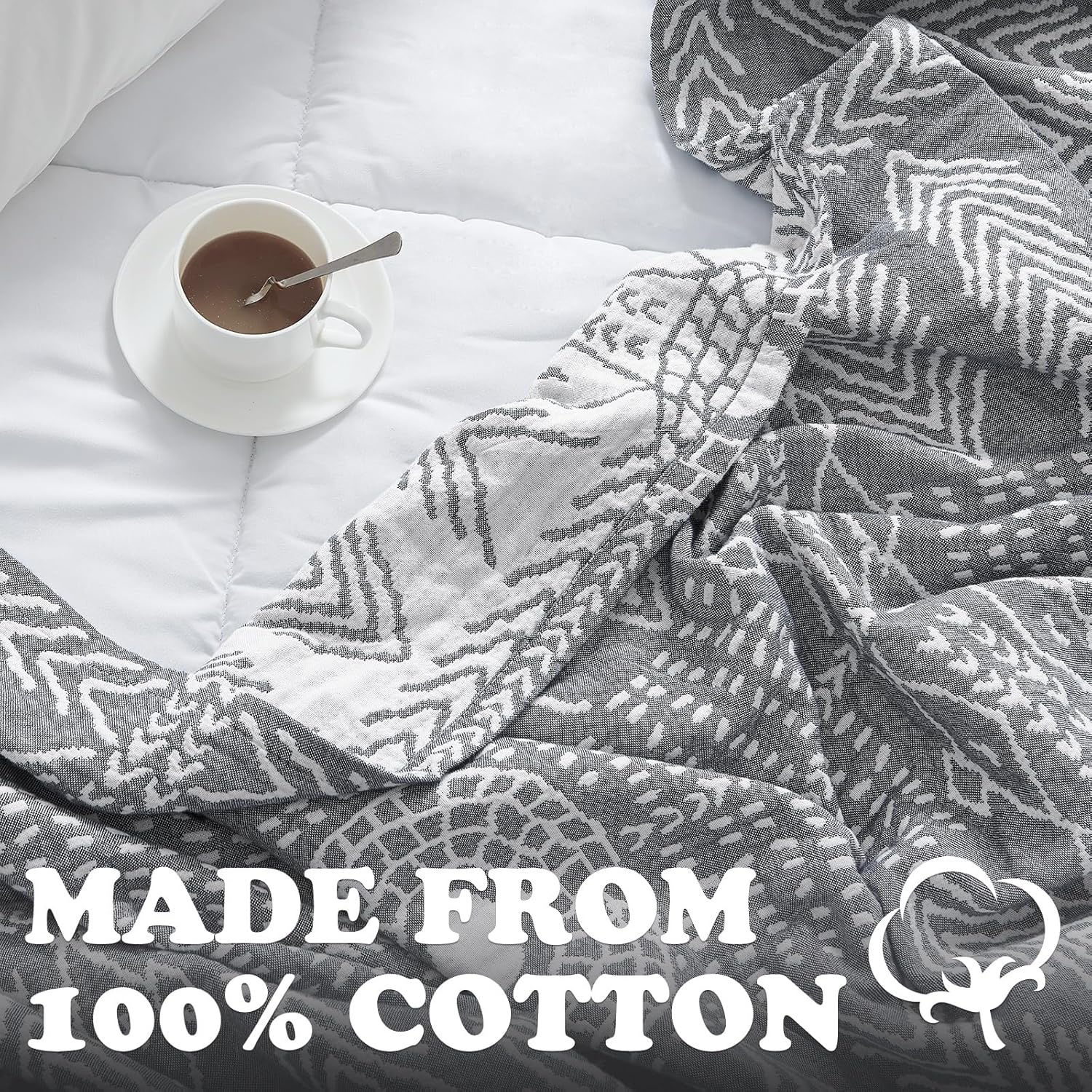 JINCHAN Boho 100% Cotton Muslin Blanket 3-Layer Twin Size Geometric Lightweight Reversible Soft