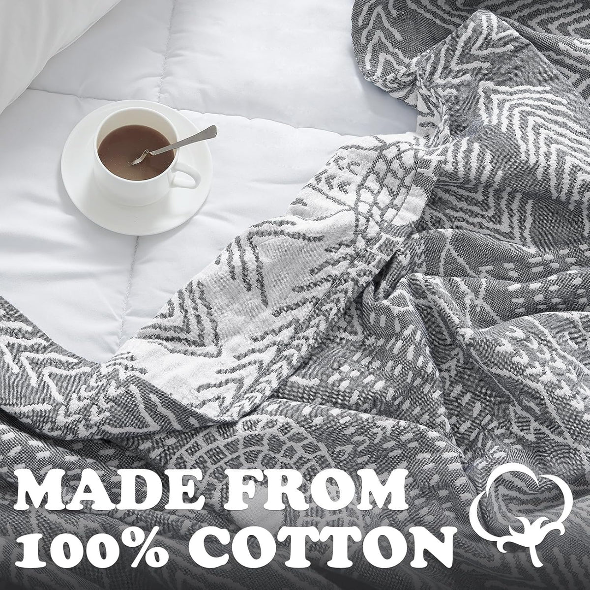 jinchan Boho 100% Cotton Muslin 50x60 Throw Blanket Lightweight 3 Layer Grey Blanket Washable