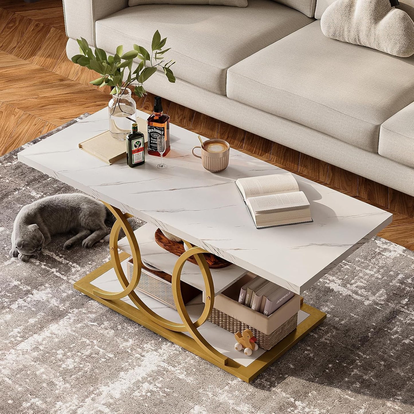 GiftGo Rustic Coffee Table with Storage Modern 3 Tier Center Living Room Table Faux Marble Wooden