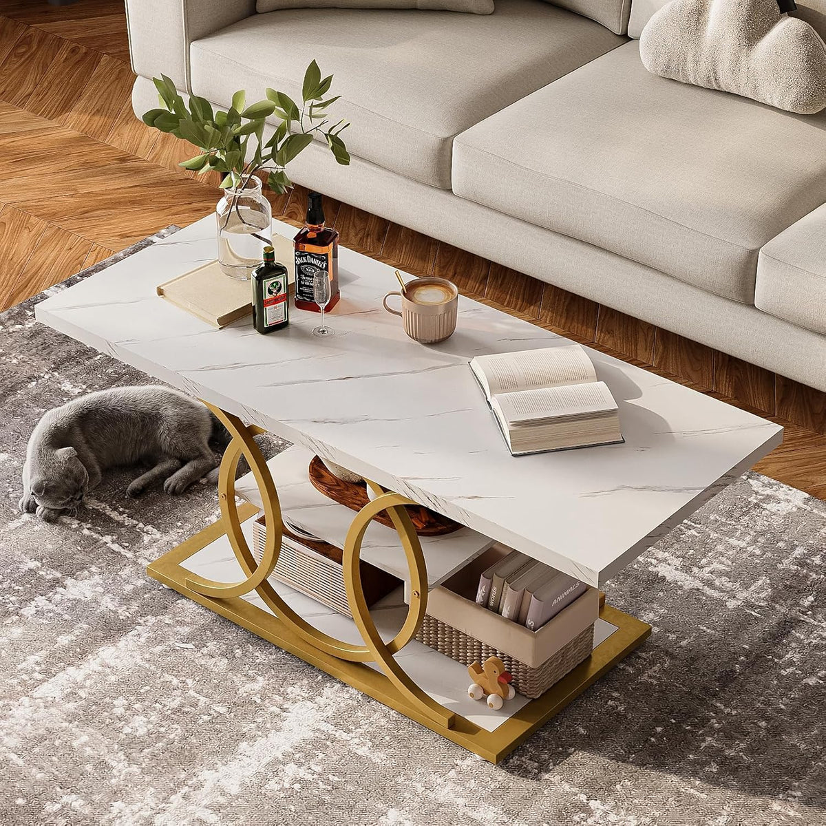 GiftGo Rustic Coffee Table with Storage Modern 3 Tier Center Living Room Table Faux Marble Wooden
