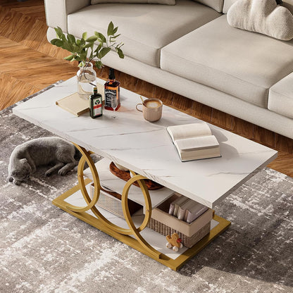 GiftGo Rustic Coffee Table with Storage Modern 3 Tier Center Living Room Table Faux Marble Wooden