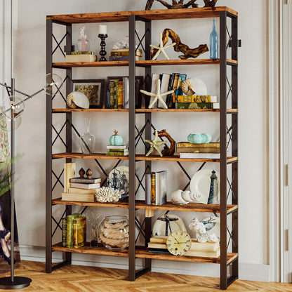 IRONCK Bookshelf Double Wide 6-Tier 76" H, Open Large Bookcase, Industrial Style Shelves, Wood and