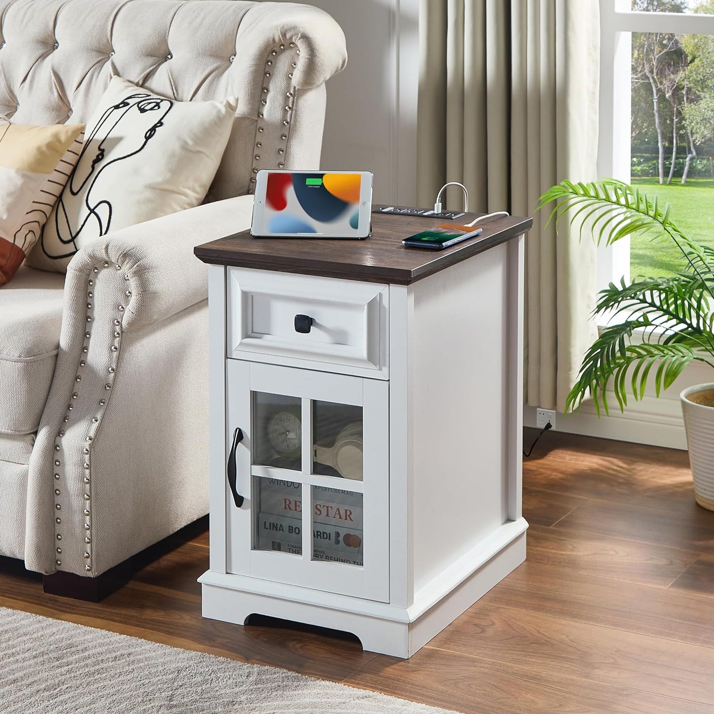 Farmhouse XXL End Table with Charging Station, Side Table with USB Ports and Outlets, Nightstand