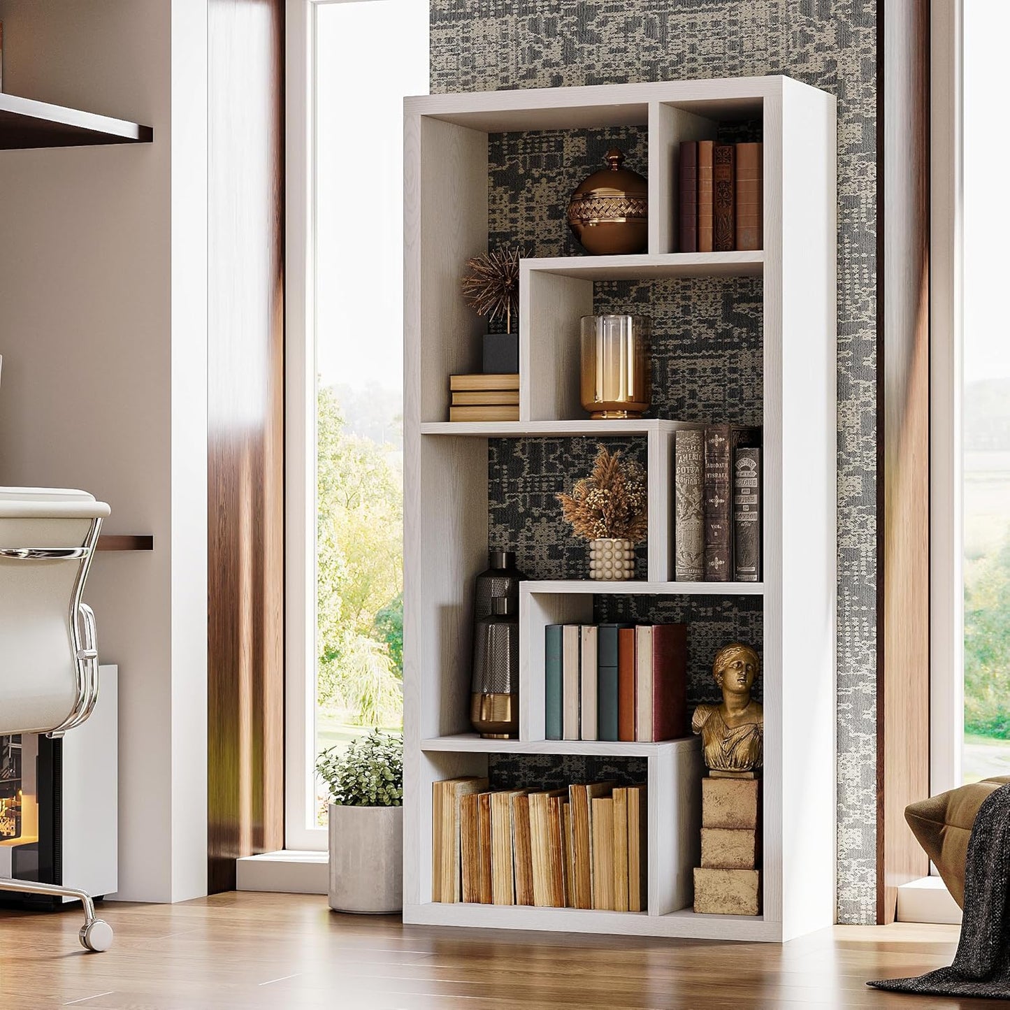 IRONCK Geometric Bookcase 6-Shelf Industrial Bookshelf White Etagere Bookcase Tall Storage Display