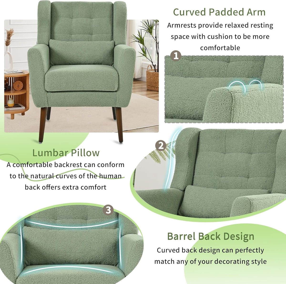 Modern Accent Chair, Upholstered Armchair with Pillow, Teddy Single Sofa Chair with Lounge Seat and