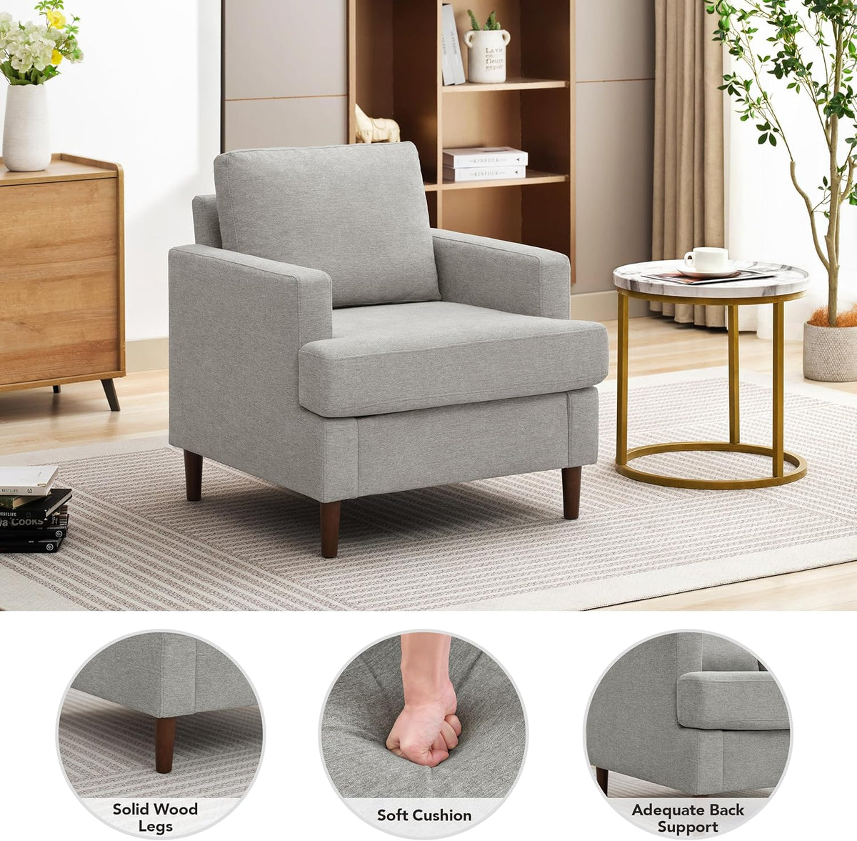 Mid-Century Accent Chair,Modern Linen Fabric Armchair for Living Room,Comfy Upholstered Reading