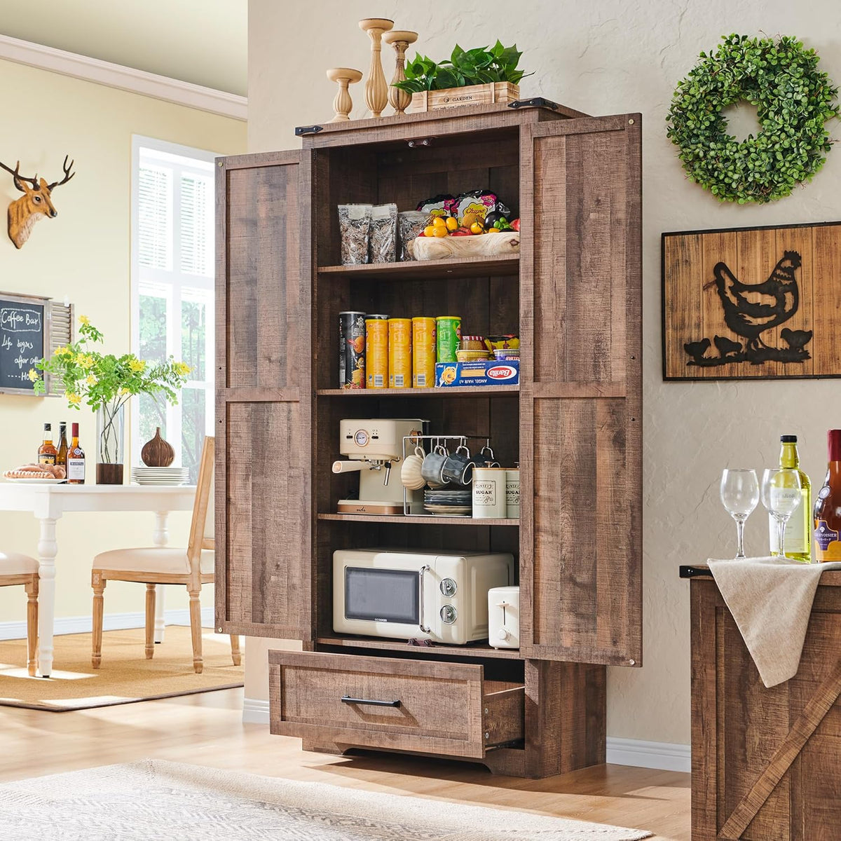 Farmhouse Kitchen Pantry Cabinet - 72" Tall Wood Kitchen Storage Cabinets with Adjustable Shelves &