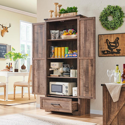 Farmhouse Kitchen Pantry Cabinet - 72" Tall Wood Kitchen Storage Cabinets with Adjustable Shelves &