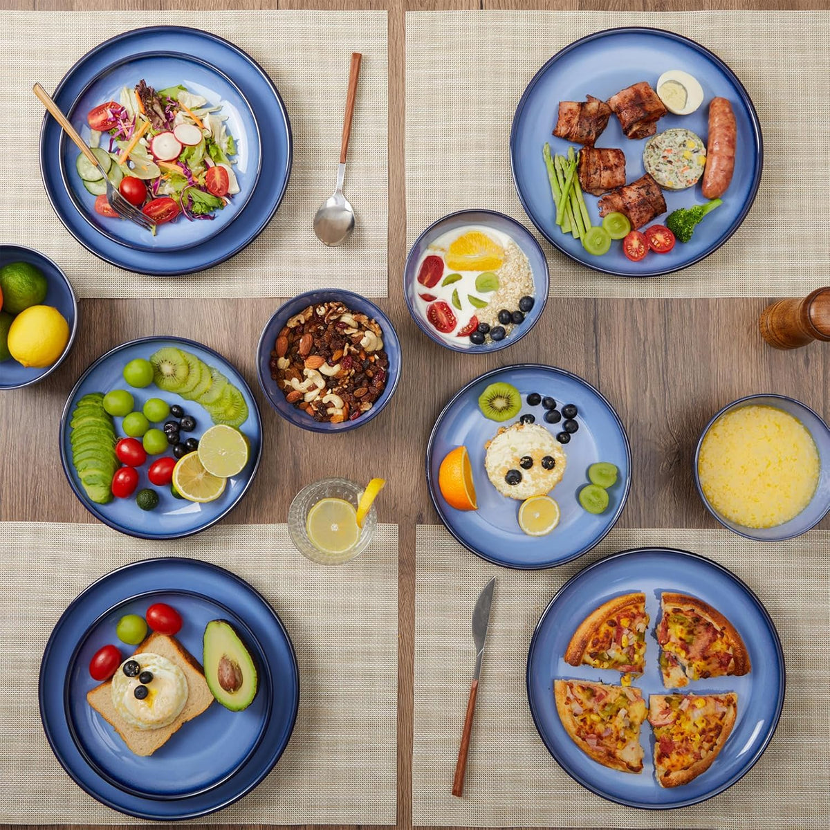 Blue Stoneware Dinnerware Set, 12 pcs Reactive Glaze Plates and Bowls Sets, Handmade Round Dishes