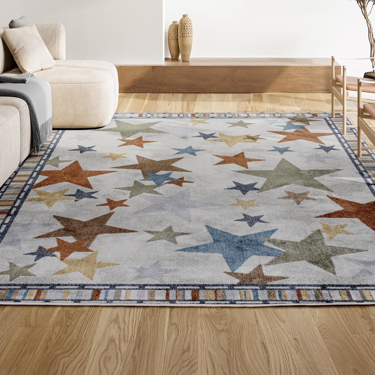 JONATHAN Y Machine-Washable Ivory/Blue/Orange Indoor Area Rug, 8x10, Star Gazer Geometric, Border
