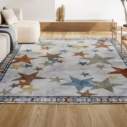 JONATHAN Y Machine-Washable Ivory/Blue/Orange Indoor Area Rug, 8x10, Star Gazer Geometric, Border