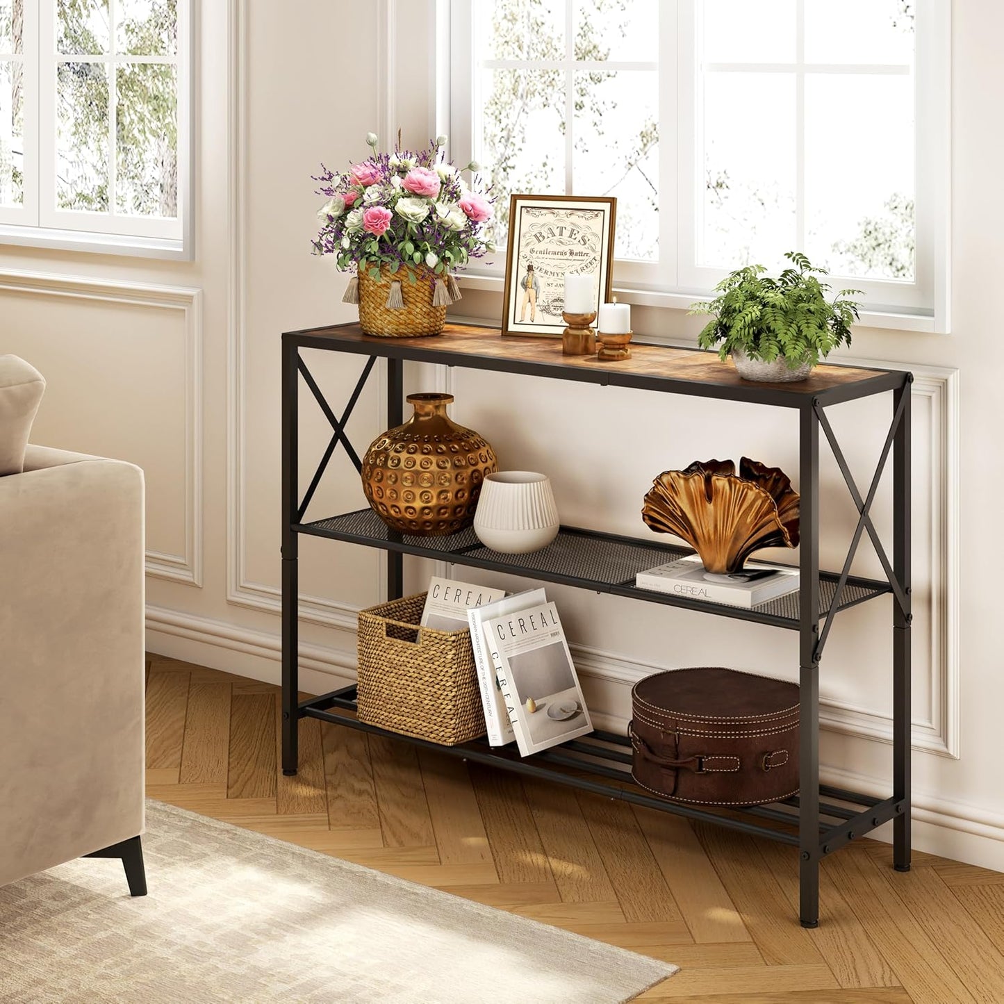 Hoctieon Industrial Console Table, 3 Tier Entryway Table, Hallway Table, Narrow Sofa Table with