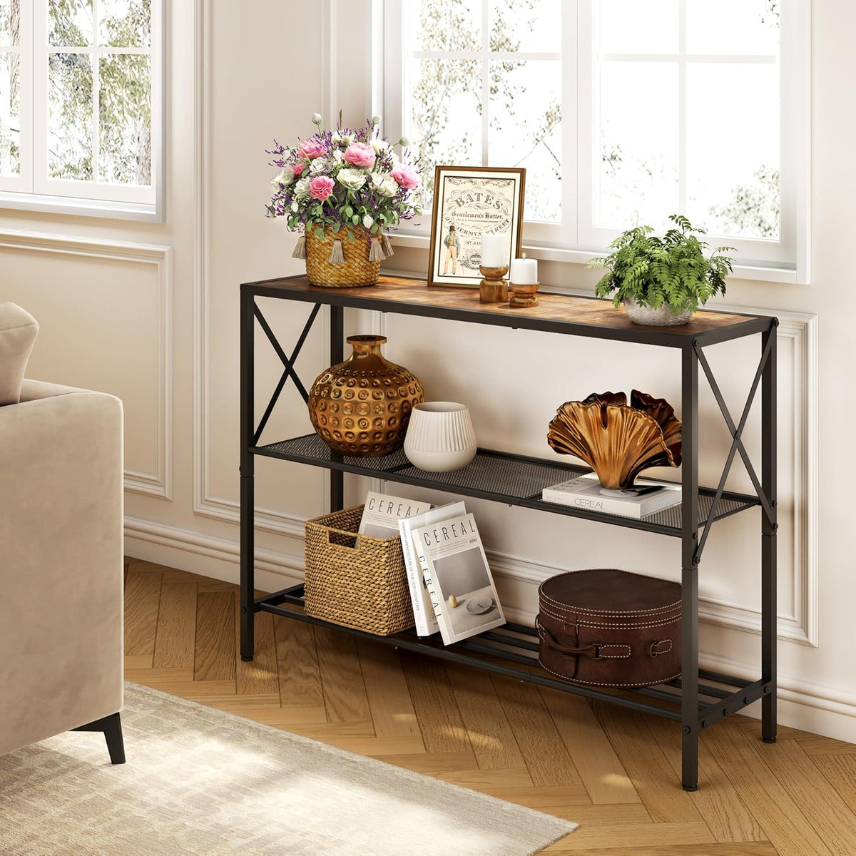 Hoctieon Industrial Console Table, 3 Tier Entryway Table, Hallway Table, Narrow Sofa Table with