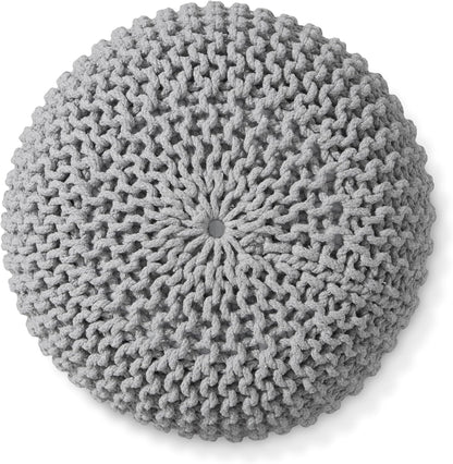 Casafield Round Pouf Ottoman, Light Gray - 20" Diameter x 14.5" High Cotton Knit Foot Stool - Boho