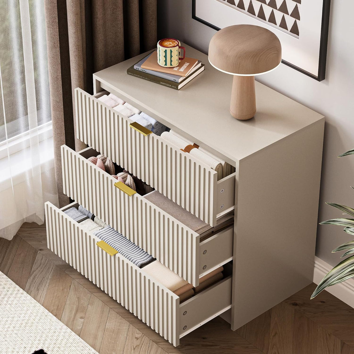Fluted Dresser for Bedroom, 32 Inch Wide Nightstand with Large Drawer, 3 Drawer End Table for