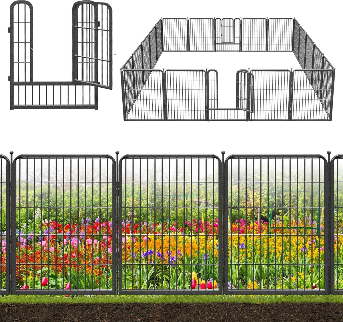 Decorative Black Metal Fencing Garden Fence with Gate, 46ft(L) 32in(H) 20 Fence Panels No Dig Fence